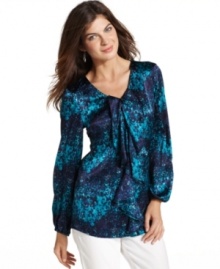 Create a beautiful look with Jones New York Signature's petite satin blouse, featuring a bright mottled print.