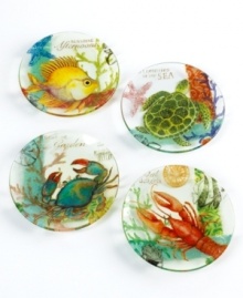 Reel them in. The Seaside Garden appetizer plates have just about everything under the sea in brilliantly illustrated glass for surf, turf and more. From Prima Designs.