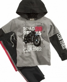 Little rebel. He'll stand out with this pants and long-sleeve shirt set, with a cozy hood that will keep him warm when he's out on the road.