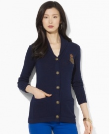 Heritage style comes to life in Lauren Ralph Lauren's chic shawl-collar petite cardigan, crafted from soft cotton and finished with an embroidered crest.