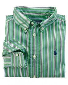 A long-sleeved sport shirt is rendered in bright, crisp multi-striped cotton poplin