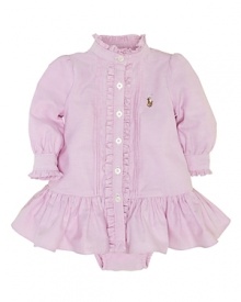 A classic shirtdress in durable cotton oxford exudes preppy charm with ruffles and pintuck detailing.