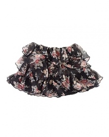 The pretty cascade ruffle skirt is rendered in whimsical floral-print chiffon for a fun and flirty style.