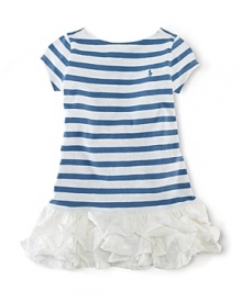 Sweet cascading ruffles adorn the hem of a striped jersey dress for girlish flair.