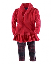 The pretty set combines a soft velour ruffled tunic with a snowflake-print legging for a cute seasonal outfit.