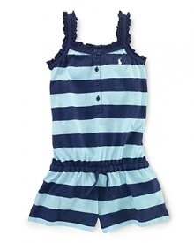 An airy cotton jersey romper is crafted in a bold, striped print and finished with sweet ruffles.