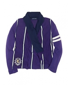 A stylish, season-spanning lightweight cardigan is crafted from soft cotton jersey with a draped open front, bold stripes and collegiate embroidery.