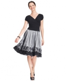 SL Fashions' petite dress is party-perfect with a flattering ruched details and a fun, full skirt with floral appliques at the hem.