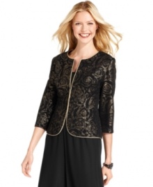 Floral metallic flourishes and shimmering piped details make this petite Alex Evenings jacket an evening essential!