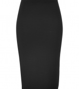 Quietly elegant and effortlessly cool, Jil Sanders black wool skirt ups the ante on ladylike luxe - Classically slim, high-waisted pencil cut - In a soft, medium-weight virgin wool  - Knee-length style slips on - Polished and preppy chic, ideal for pairing with a slim-cut blouse or a button down and long cardigan or pullover