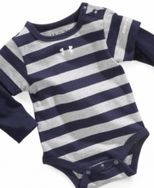 Suit him up in sporty striped with this cute Under Armour bodysuit.