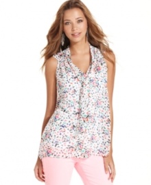 Avian love: colorful birds soar across this breezy, sleeveless bow blouse from Pout!