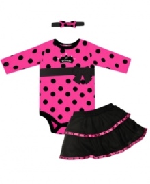 This bodysuit, tutu and headband set by Baby Essentials will have her looking so pretty in polka dots