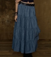 Crafted in a flared and full maxi silhouette, Denim & Supply Ralph Lauren's cotton chambray tiered skirt exudes bohemian sensibility with unique tie-up details for a versatile urban look.