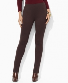 A slim, fitted leg creates a modern look on Lauren Ralph Lauren's flattering petite pant in sleek stretch jersey.