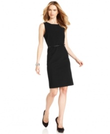 A must-have for every wardrobe, you'll always look sleek and chic in Calvin Klein's petite belted sheath dress. External pleats add a fresh, architectural touch.