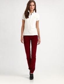 Sleek, slim and stretchy, with a velvety brushed finish and a subtle sheen that takes them beyond the realm of everyday jeans and leggings.Waistband with belt loops and embossed button closureZip flyFive-pocket styling with rivetsBack waist leather patch with beaded logoSlim fit with straight legInseam, about 31Cotton/viscose/elastaneDry cleanImportedSIZE & FITModel shown is 5'10 (177cm) wearing US size 4. 