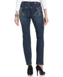 Style&co.'s 'curvy fit' jeans enhance your figure with special seams that slim you down! This petite version features a sleek skinny leg and premium denim wash.