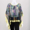 This women's flowy floral chiffon top will have everyone turning their heads. Featuring semi-sheer chiffon, all-over floral print, poncho style sleeves, elasticized waist & accordian trim. 100% Polyester. Hand wash. Imported.