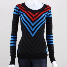 Keep warm and stylish with this form fitting striped sweater sweater. This women's sweater features a soft and stretchy tri-blend knit with striped detail throughout, scoop neckline and ribbed trim. 60% cotton, 35% rayon, 5% spandex. Machine wash. Imported.