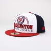 This MLB Collection 59FIFTY® Fitted cap features an embroidered (raised) oversize Washington Nationals team logo with team namesake at front, stitched New Era® flag at wearer's left side, and a stitched team logo at back. Interior includes branded taping and a moisture absorbing sweatband. Imported.