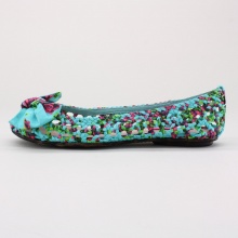 A fresh round toe flat with woven floral detail around the mid and upper panels. A great spring shoe!