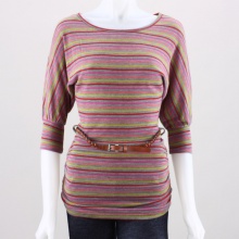 Create a unique ensemble with this striped knit top. This ultra soft women's knit top features horizontal stripes throughout, 3/4 length dolman sleeves, round neckline, elastic gathered sides around the waist and a braided belt. 60% Cotton, 35% Rayon, 5% Spandex. Machine wash. Imported.