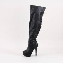 Add an interest to any outfit with these amazing thigh high boots! Featuring almond toe front, studded spike design at the back, hidden platform, and stiletto heel. Finished with cushioned insole and soft interior lining for your comfort. Pull on construction with partial side zipper closure for easy on/off. Measures with a 26.25"  shaft length, 5.75"  heel height and 1.75"  platform. Imported.