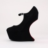 Become a style fashionista with these unique heel less plaform wedges. Features a velvet upper & covered platform, adjustable ankle strap, 2.25"  platform & 6.5"  heel height. Imported.