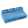 Basic Specification Product Name 3 Ports Hub Card Reader Shape Rectangle Color ?Blue Interface USB 2.0 Ports 3 Material Plastic/Metal Card Reader SD/MMC/RS MMC/Mini SD/Micro SD/MS/MS Pro/MS Duo/MS Pro Due/M2 Support System Windows Me/2000/XP/Vista/OSX Dimension 2.7*1.4*0.9inch Features - 2 in 1 function USB 3-port hub and card reader - With a connected USB cable. very convenient - Plug and play. no driver needed - One upstream port and three downstream ports - Hi-speed upstream port with USB jack - Allows 3 devices to operate simultaneously or work separately Package Included 1 x USB Hub Card Reader ?