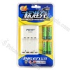 - Great charger for both AA/AAA batterys - Can charge 4 batteries at one time- Simple flip up/down contacts to change between AA & AAAsizes- LED indication light- Easy to use and convenient to carry with you - Comes with 4*2300mAh AA batteries