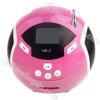 - Color: pink- High quality speaker- LCD screen display- With FM radio function- Portable cute ball shaped designed- Supports SD card - Supports MP3.WMA format- Features 3.5mm jack audio line-in- Suit for MP3. MP4. CD. mobile phone and other digital produ