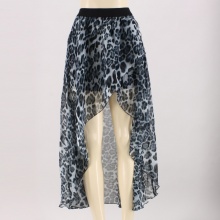 Be trendy this season with this high-low chiffon skirt.  Features semi-sheer chiffon fabric with animal print, elastic waist & short length underliner. 100% Polyester. Hand Wash. Imported.