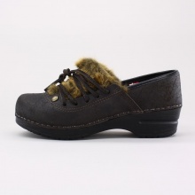 Sanita's Moss lace-up closed clog features a soft leather upper with faux fur trim details and leather laces for both customized fit and style.