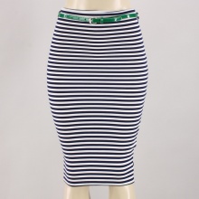 Stylish and sophisticated, this classic striped pencil skirt has a sleek silhouette that falls at the knee. Features a rear zip closure & synthetic leather belt around waistband. 60% Cotton, 35% Rayon, 5% Spanded. Machine Wash. Imported.