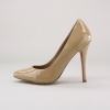 A class patent leather pump, with a 5 inch heel and pointed toe.