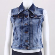 Get the coveted retro look with this women's denim vest that never goes out of style. The light wash gives it an authentic worn-in look from the first wear. 98% Cotton, 2% Spandex. Machine wash. Imported.