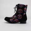 Military style with a punk edge. These women's combat style boots feature a synthetic suede upper with multi-colored sequin skulls and a side zipper closure. Finished with a 1.5"  heel. Imported.