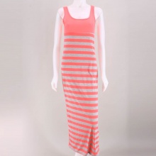 Sleeveless and brightly colored, this will dress will be a warm weather staple.  Features a lightweight jersey knit, contrasting heathered stripes & scoop neckline. 80% Polyester, 20% Rayon. Hand wash. Made in USA.