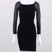 Every women needs a little black dress in her closet and this should be the one! This soft and stretchy dress features a round neckline, 3/4 length sleeves and mesh netting throughout. 90% Nylon, 10% Spandex. Machine wash. Imported.