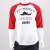 Join the mile high club with this classic raglan tee from Fly Society. This retro styled men's t-shirt features a ribbed crew neck, three-quarter length raglan sleeves, curved hem, printed neck label and front graphic print. 100% Cotton. Machine wash. Made in USA.